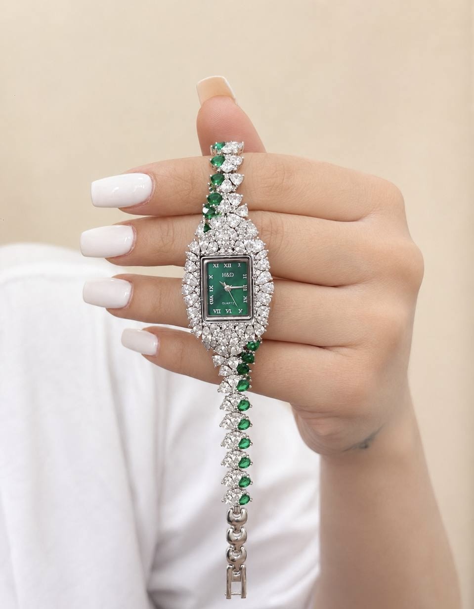 ساعت نقره زنانه طرح زمرد کد 0564
