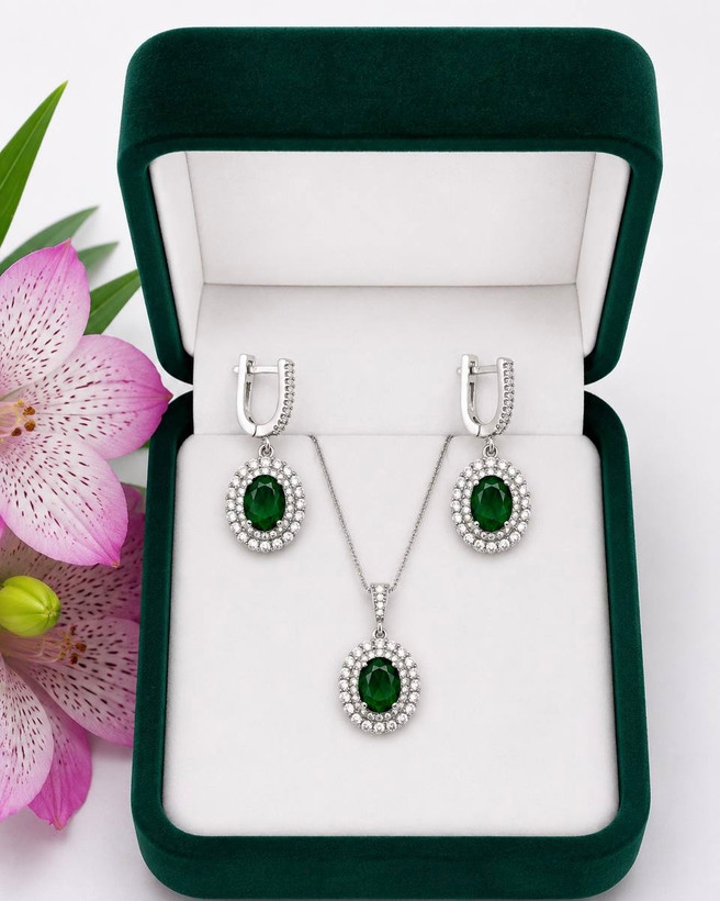 نیمست نقره زنانه جواهری طرح زمرد 0667